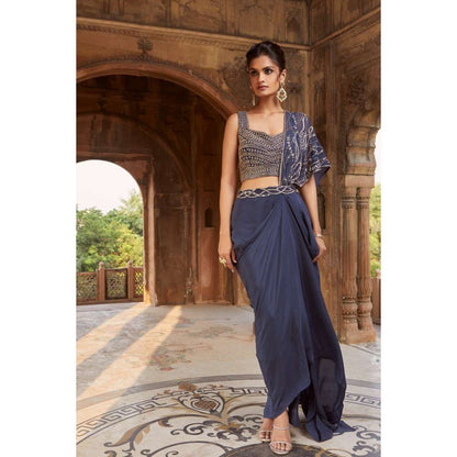 CHARU AND VASUNDHARA Navy Blue Skirt with Attached Pallu & Blouse (Set of 2)