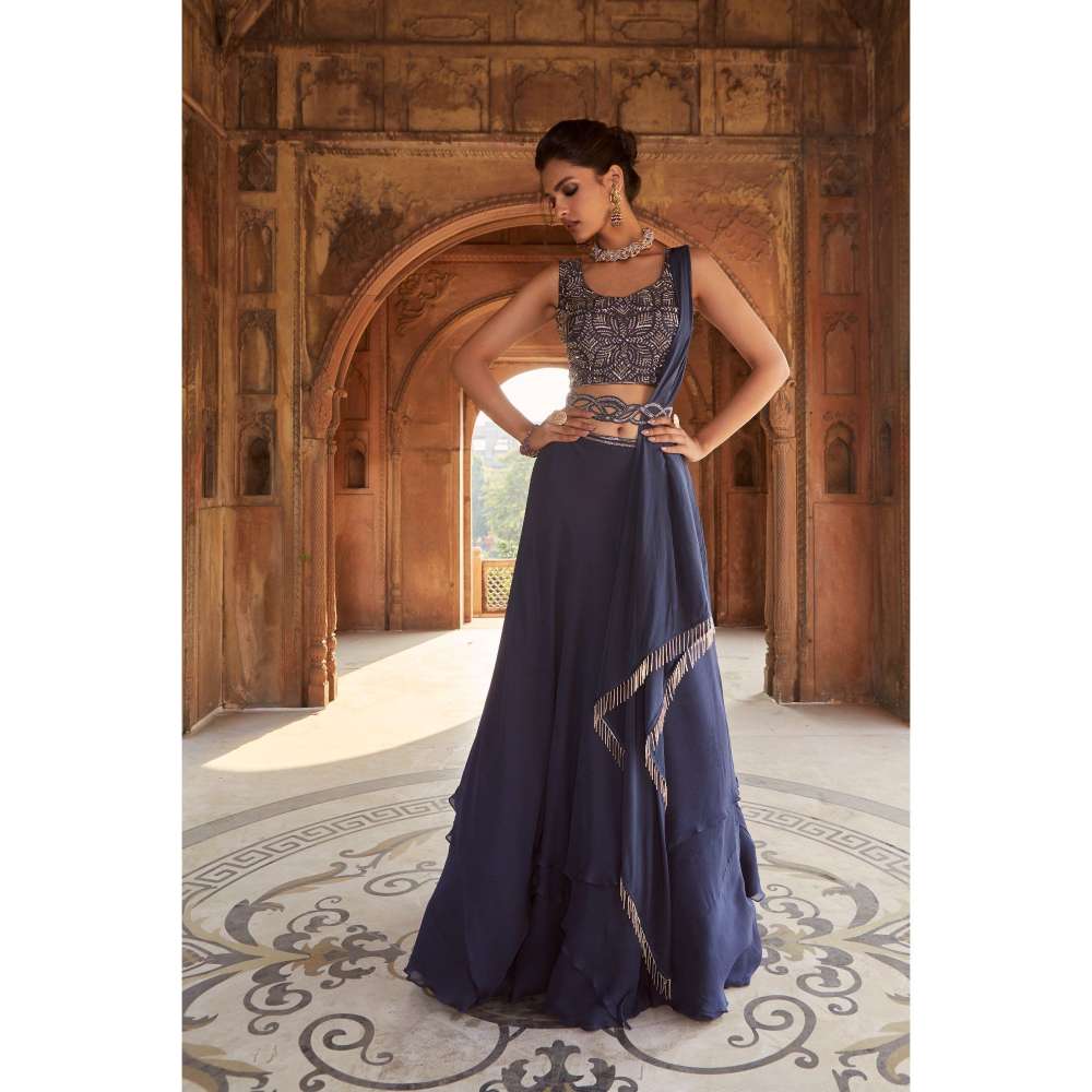 CHARU AND VASUNDHARA Navy Blue Skirt with Blouse, Belt & Dupatta (Set of 4)