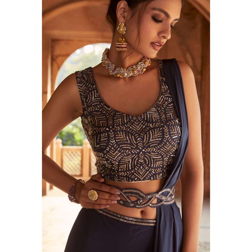 CHARU AND VASUNDHARA Navy Blue Skirt with Blouse, Belt & Dupatta (Set of 4)