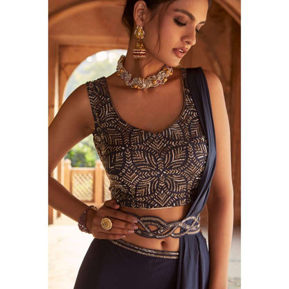 CHARU AND VASUNDHARA Navy Blue Skirt with Blouse, Belt & Dupatta (Set of 4)