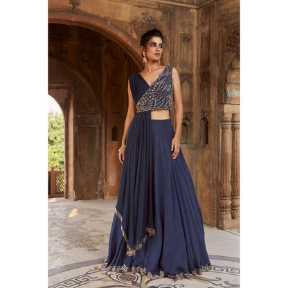 CHARU AND VASUNDHARA Navy Blue Skirt & Blouse (Set of 2)