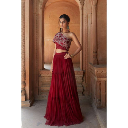 CHARU AND VASUNDHARA Oxblood Ethnic Skirt & Blouse (Set of 2)