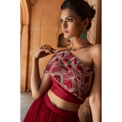 CHARU AND VASUNDHARA Oxblood Ethnic Skirt & Blouse (Set of 2)