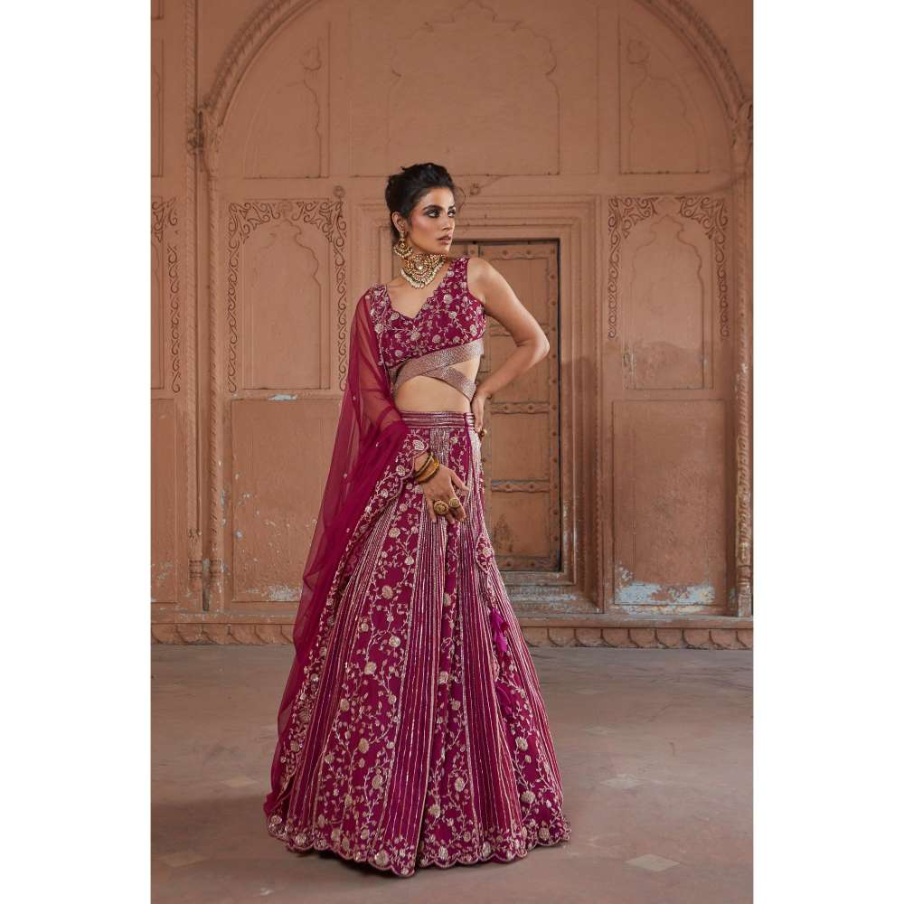 CHARU AND VASUNDHARA Raspberry Fusion Skirt with Blouse & Dupatta (Set of 3)