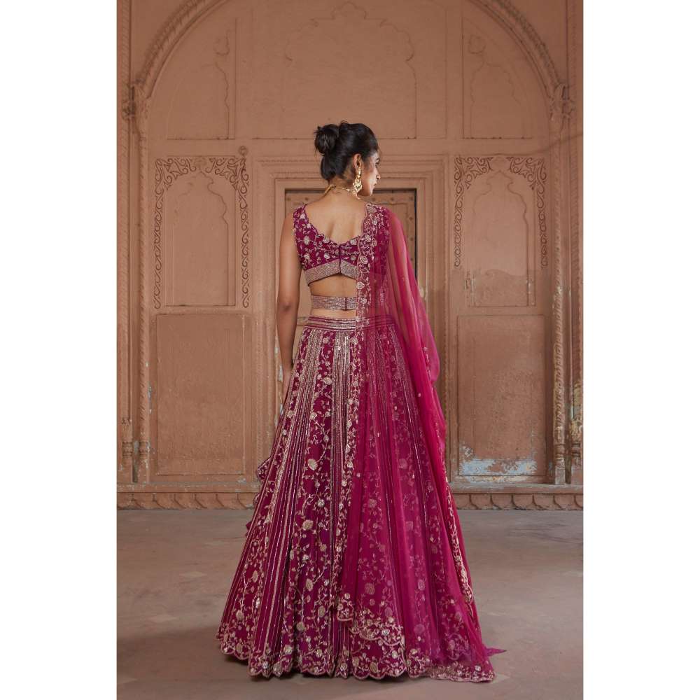 CHARU AND VASUNDHARA Raspberry Fusion Skirt with Blouse & Dupatta (Set of 3)