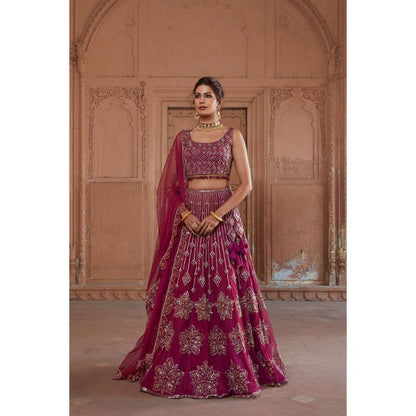 CHARU AND VASUNDHARA Raspberry Fusion Skirt with Blouse & Dupatta (Set of 3)