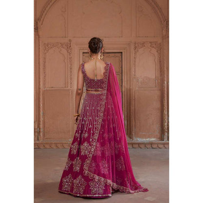 CHARU AND VASUNDHARA Raspberry Fusion Skirt with Blouse & Dupatta (Set of 3)