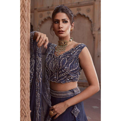 CHARU AND VASUNDHARA Navy Blue Fusion Skirt with Blouse & Dupatta (Set of 3)