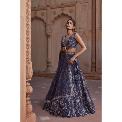 CHARU AND VASUNDHARA Navy Blue Fusion Skirt with Blouse & Dupatta (Set of 3)
