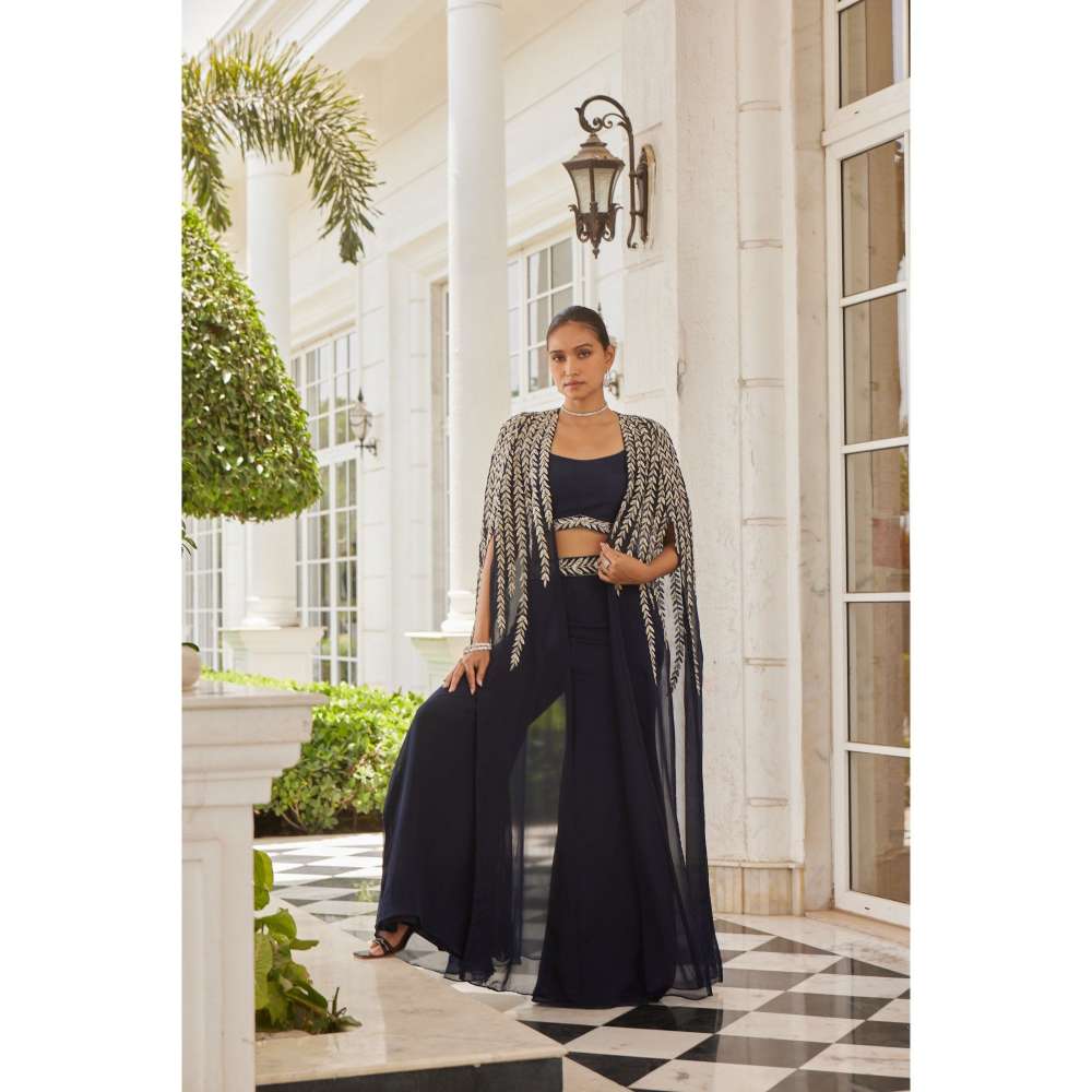 CHARU AND VASUNDHARA Sumlina Navy Blue Palazzo with Blouse & Cape (Set of 3)