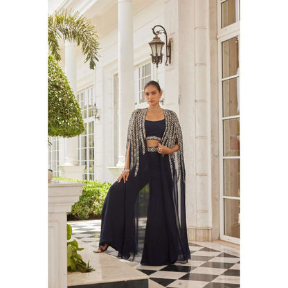 CHARU AND VASUNDHARA Sumlina Navy Blue Palazzo with Blouse & Cape (Set of 3)