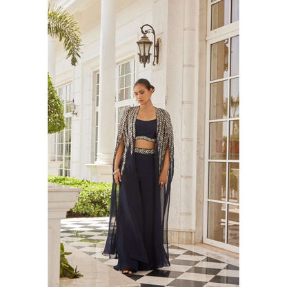 CHARU AND VASUNDHARA Sumlina Navy Blue Palazzo with Blouse & Cape (Set of 3)