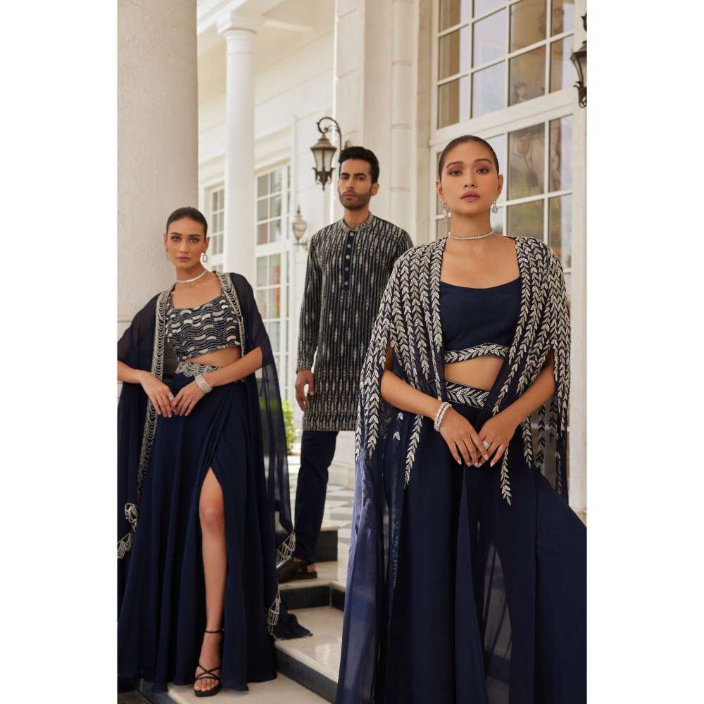CHARU AND VASUNDHARA Sumlina Navy Blue Palazzo with Blouse & Cape (Set of 3)
