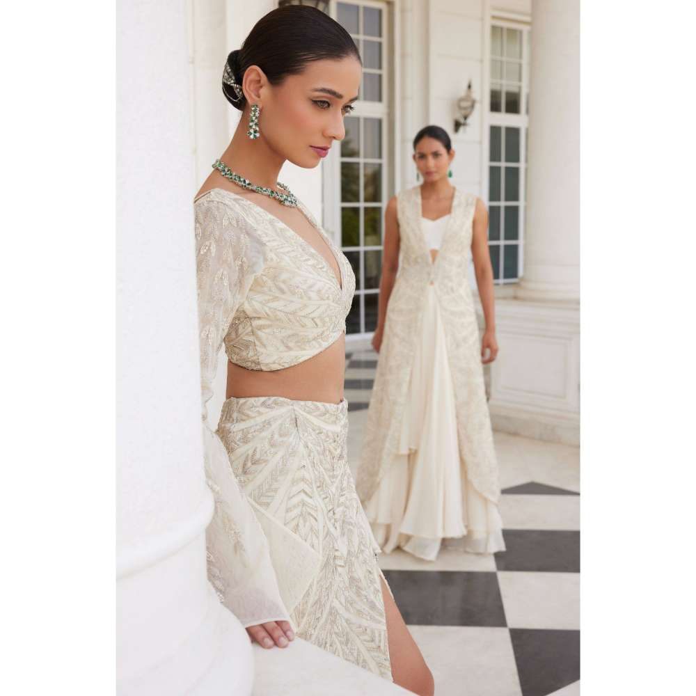 CHARU AND VASUNDHARA Surraya Ivory Ethnic Skirt with Bustier & Jacket (Set of 3)
