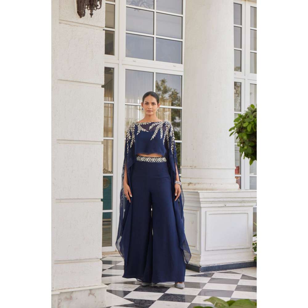 CHARU AND VASUNDHARA Safwana Navy Blue Palazzo with Bustier & Poncho (Set of 3)