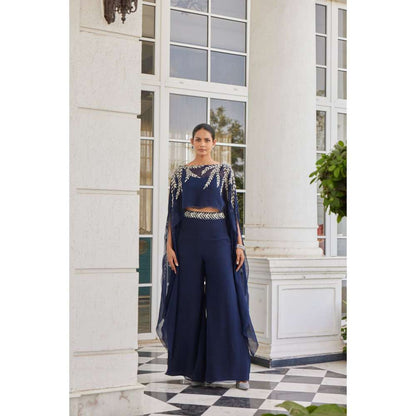 CHARU AND VASUNDHARA Safwana Navy Blue Palazzo with Bustier & Poncho (Set of 3)