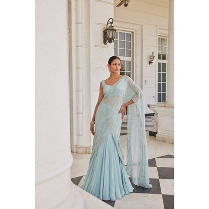 CHARU AND VASUNDHARA Siddra Aqua Blue Embellished Lehenga Saree with Stitched Blouse