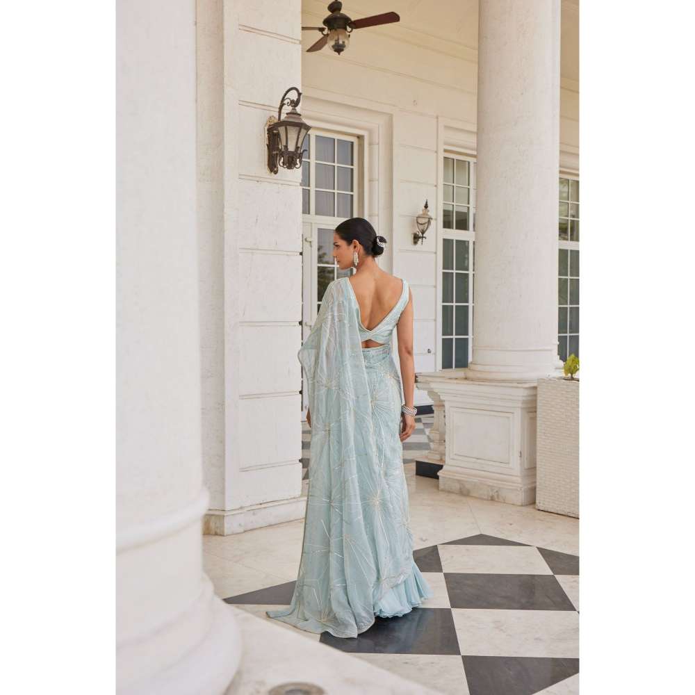 CHARU AND VASUNDHARA Siddra Aqua Blue Embellished Lehenga Saree with Stitched Blouse