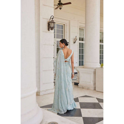 CHARU AND VASUNDHARA Siddra Aqua Blue Embellished Lehenga Saree with Stitched Blouse