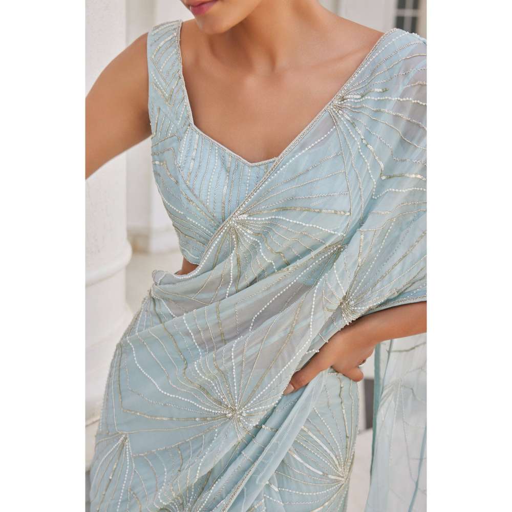CHARU AND VASUNDHARA Siddra Aqua Blue Embellished Lehenga Saree with Stitched Blouse