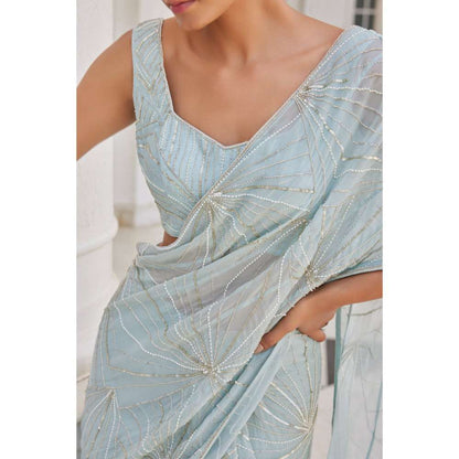 CHARU AND VASUNDHARA Siddra Aqua Blue Embellished Lehenga Saree with Stitched Blouse