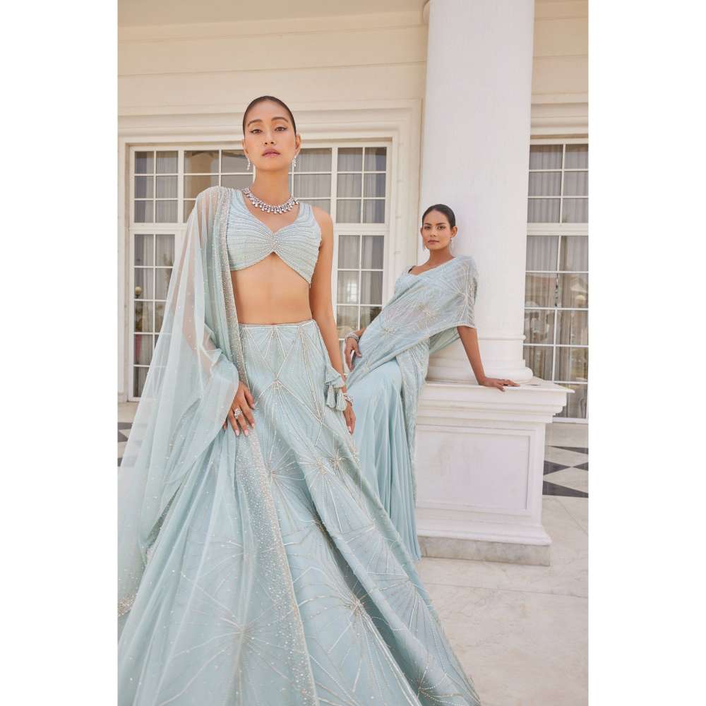CHARU AND VASUNDHARA Siddra Aqua Blue Embellished Lehenga Saree with Stitched Blouse