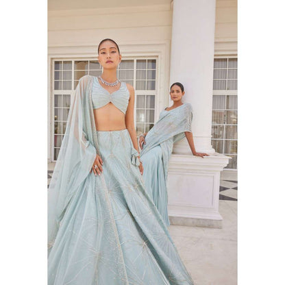 CHARU AND VASUNDHARA Siddra Aqua Blue Embellished Lehenga Saree with Stitched Blouse