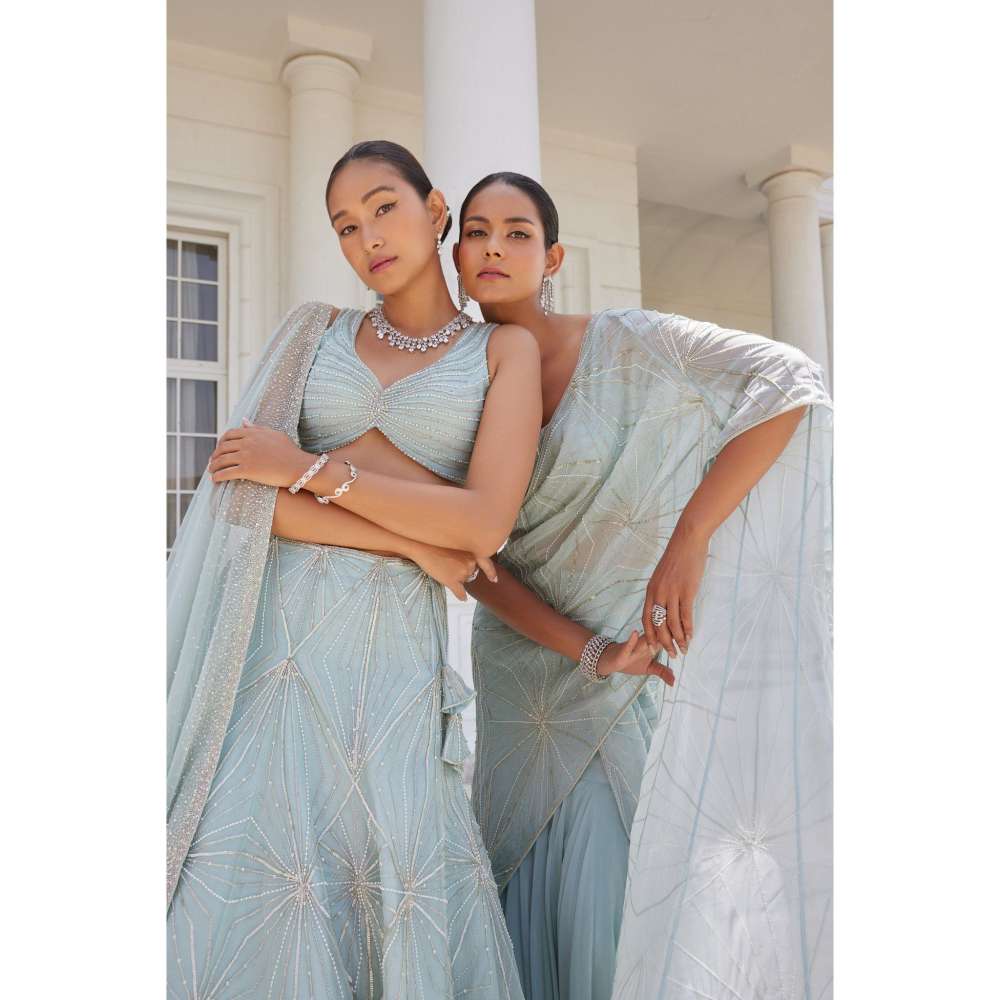 CHARU AND VASUNDHARA Siddra Aqua Blue Embellished Lehenga Saree with Stitched Blouse