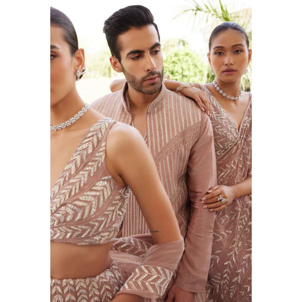 CHARU AND VASUNDHARA Sithara Salmon Pink Embellished Lehenga Saree with Stitched Blouse