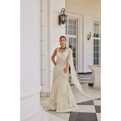 CHARU AND VASUNDHARA Soha Ivory Embellished Lehenga Saree with Stitched Blouse