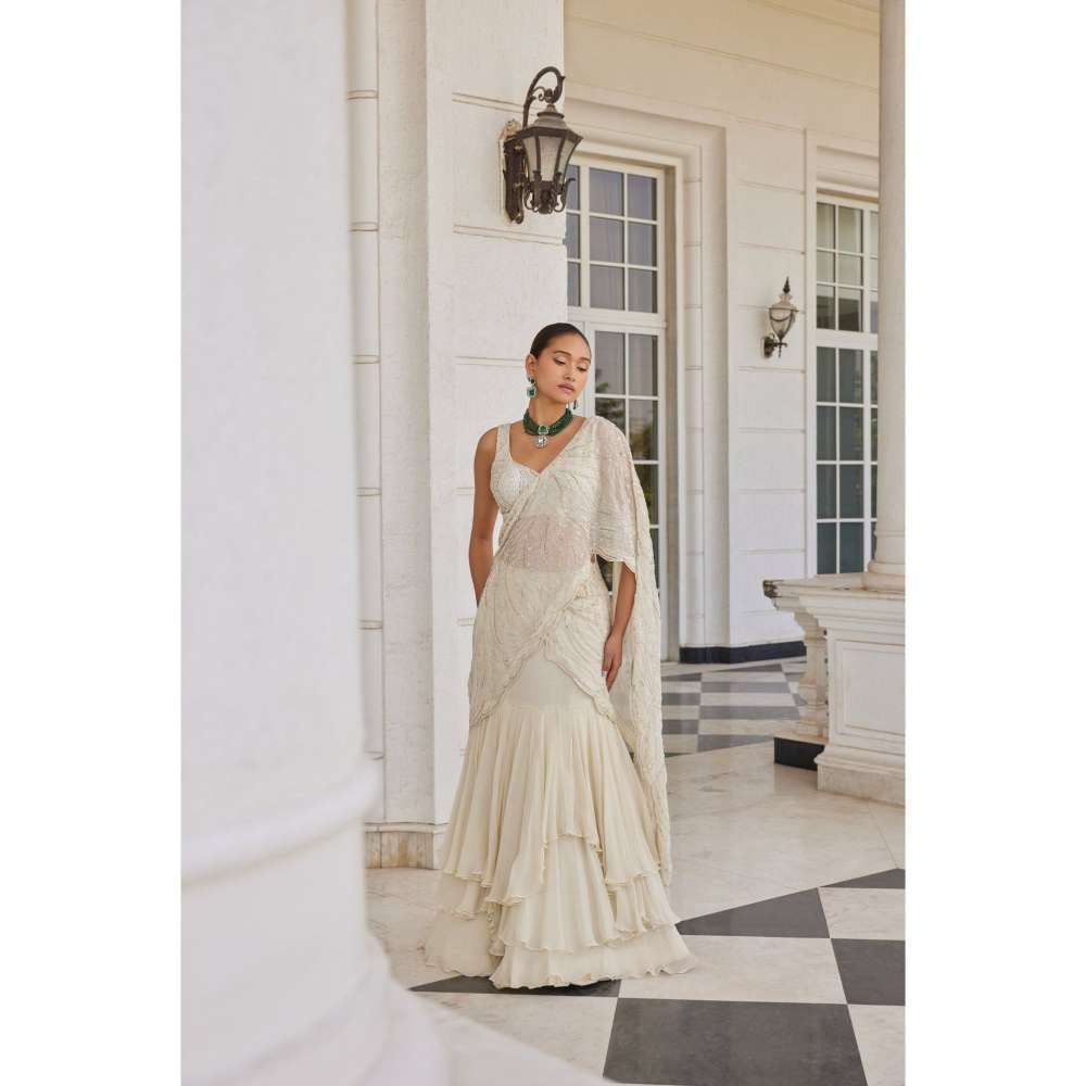 CHARU AND VASUNDHARA Soha Ivory Embellished Lehenga Saree with Stitched Blouse