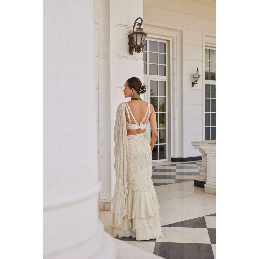 CHARU AND VASUNDHARA Soha Ivory Embellished Lehenga Saree with Stitched Blouse