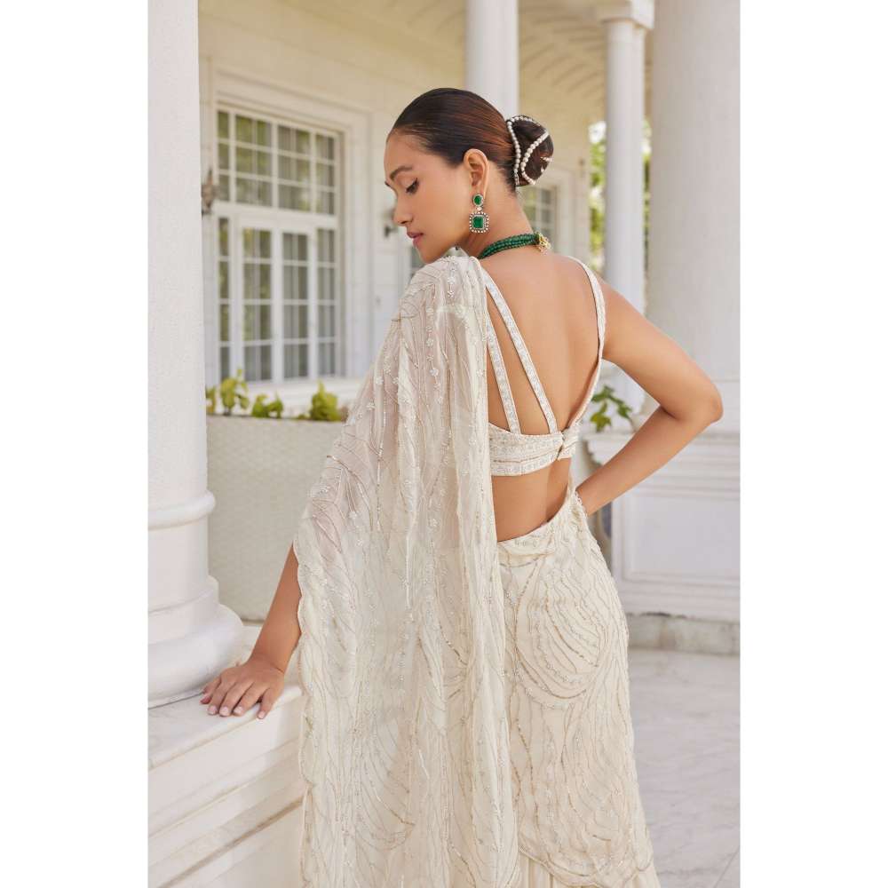 CHARU AND VASUNDHARA Soha Ivory Embellished Lehenga Saree with Stitched Blouse