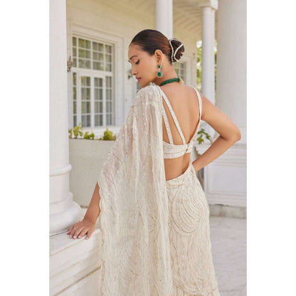 CHARU AND VASUNDHARA Soha Ivory Embellished Lehenga Saree with Stitched Blouse