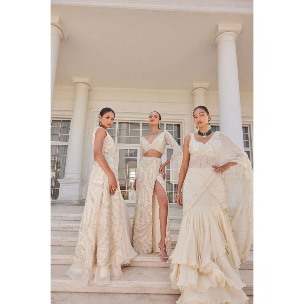 CHARU AND VASUNDHARA Soha Ivory Embellished Lehenga Saree with Stitched Blouse