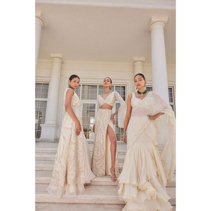 CHARU AND VASUNDHARA Soha Ivory Embellished Lehenga Saree with Stitched Blouse