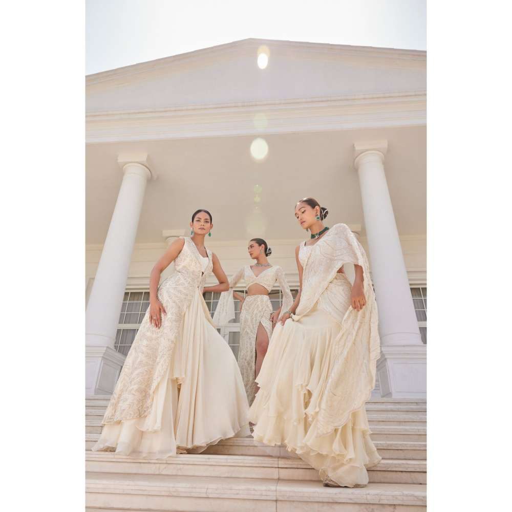 CHARU AND VASUNDHARA Soha Ivory Embellished Lehenga Saree with Stitched Blouse