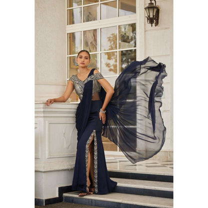 CHARU AND VASUNDHARA Sowri Navy Blue Saree Gown with Attached Palla