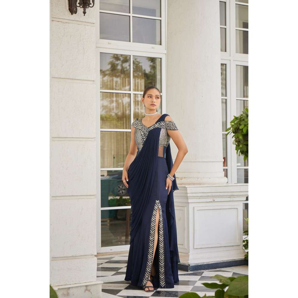 CHARU AND VASUNDHARA Sowri Navy Blue Saree Gown with Attached Palla