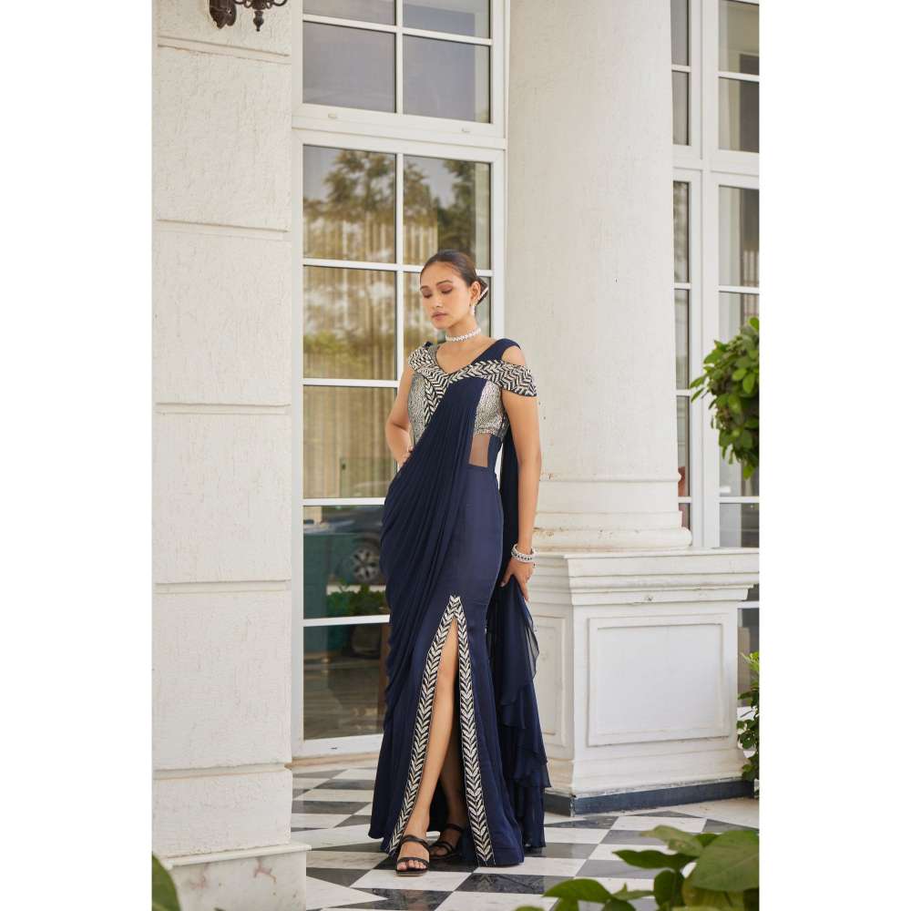 CHARU AND VASUNDHARA Sowri Navy Blue Saree Gown with Attached Palla