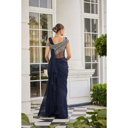 CHARU AND VASUNDHARA Sowri Navy Blue Saree Gown with Attached Palla