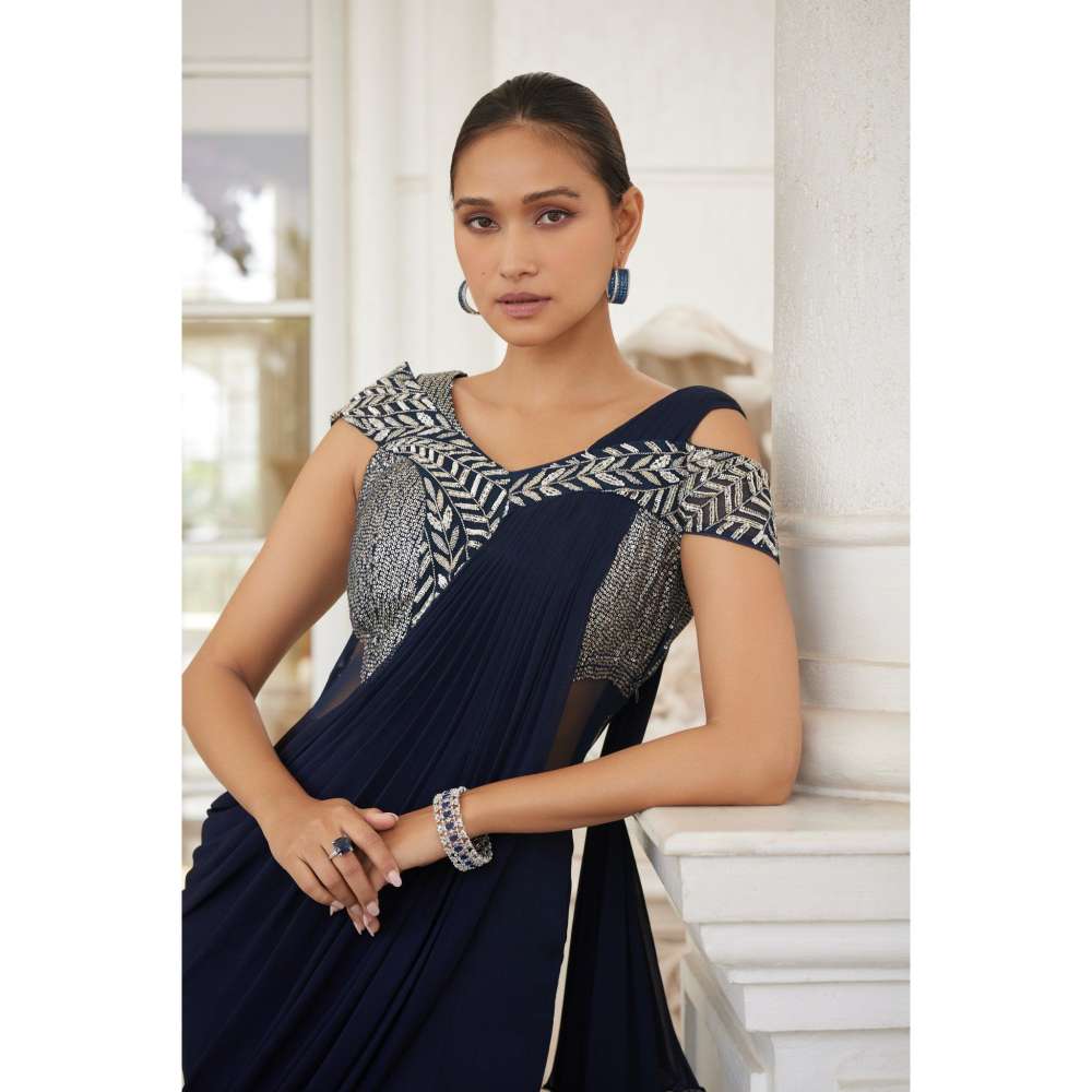 CHARU AND VASUNDHARA Sowri Navy Blue Saree Gown with Attached Palla