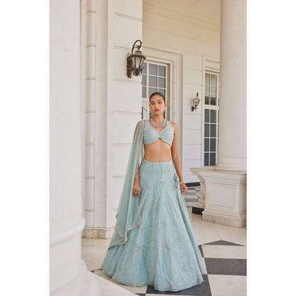CHARU AND VASUNDHARA Stasia Salmon Blue Ethnic Skirt with Blouse & Dupatta (Set of 3)
