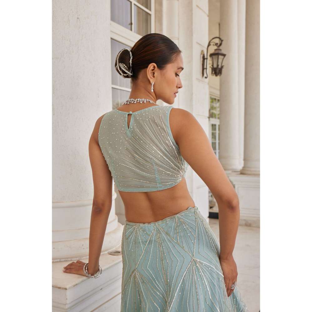 CHARU AND VASUNDHARA Stasia Salmon Blue Ethnic Skirt with Blouse & Dupatta (Set of 3)