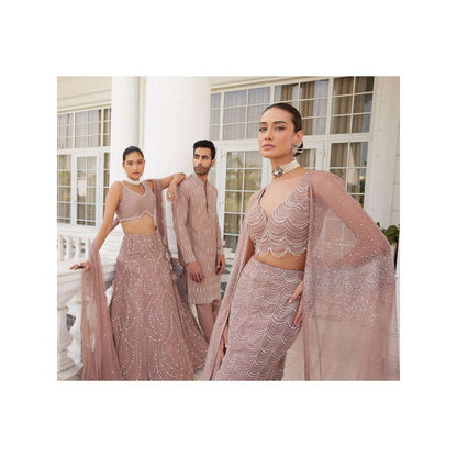 CHARU AND VASUNDHARA Selah Salmon Pink Classic Skirt with Blouse & Dupatta (Set of 3)
