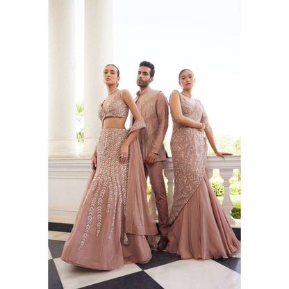 CHARU AND VASUNDHARA Sasha Salmon Pink Classic Skirt with Blouse & Dupatta (Set of 3)