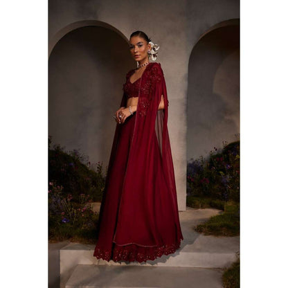 CHARU AND VASUNDHARA Lauren Maroon Ethnic Skirt with Bustier & Cape (Set of 3)