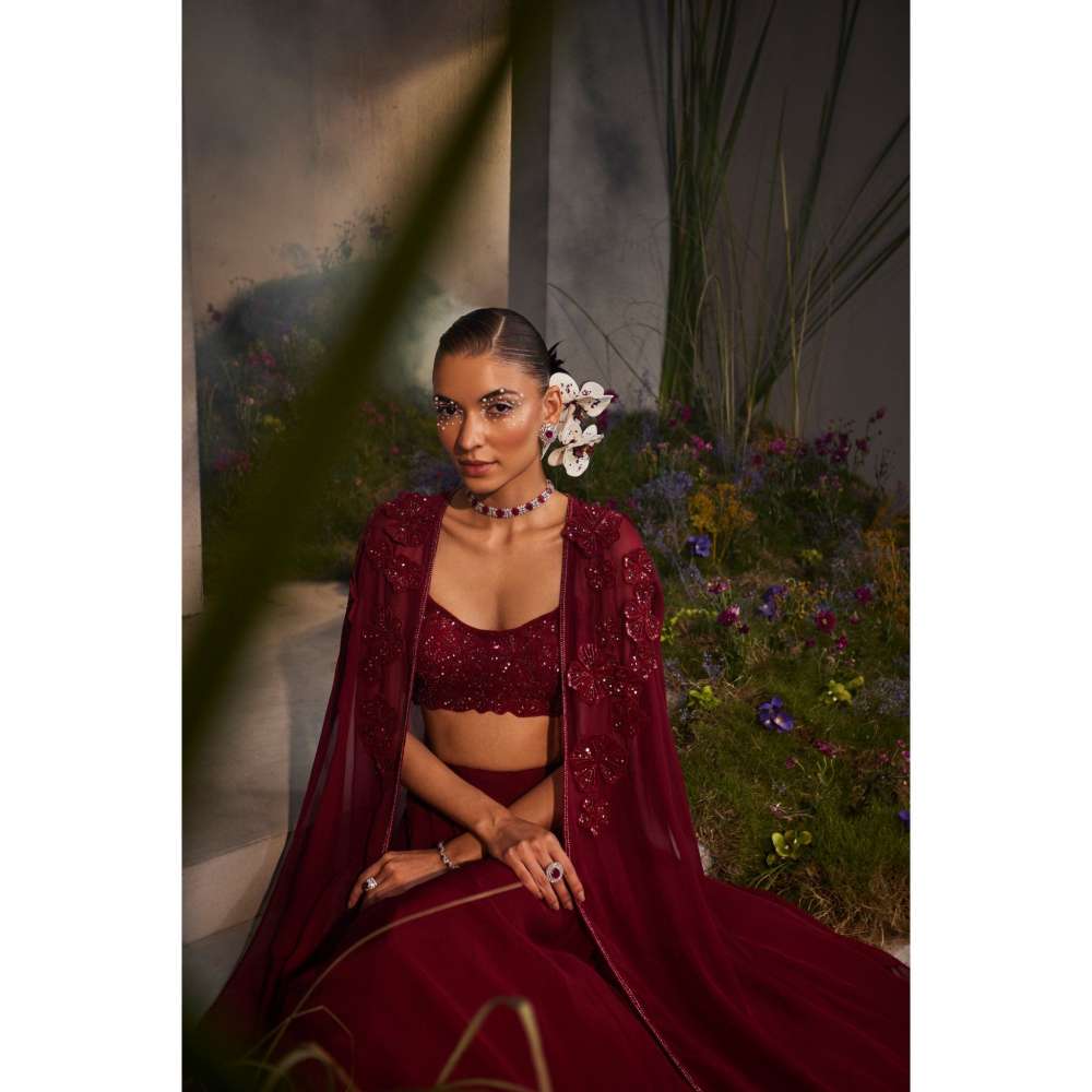 CHARU AND VASUNDHARA Lauren Maroon Ethnic Skirt with Bustier & Cape (Set of 3)