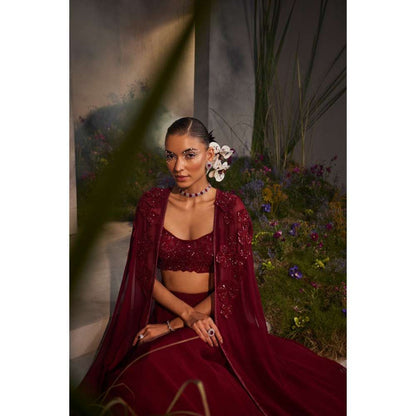 CHARU AND VASUNDHARA Lauren Maroon Ethnic Skirt with Bustier & Cape (Set of 3)