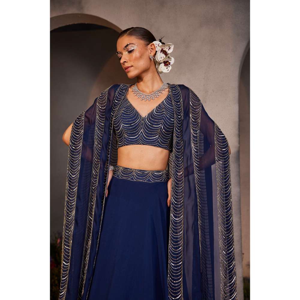 CHARU AND VASUNDHARA Leia Electric Navy Blue Ethnic Skirt with Bustier & Cape (Set of 3)